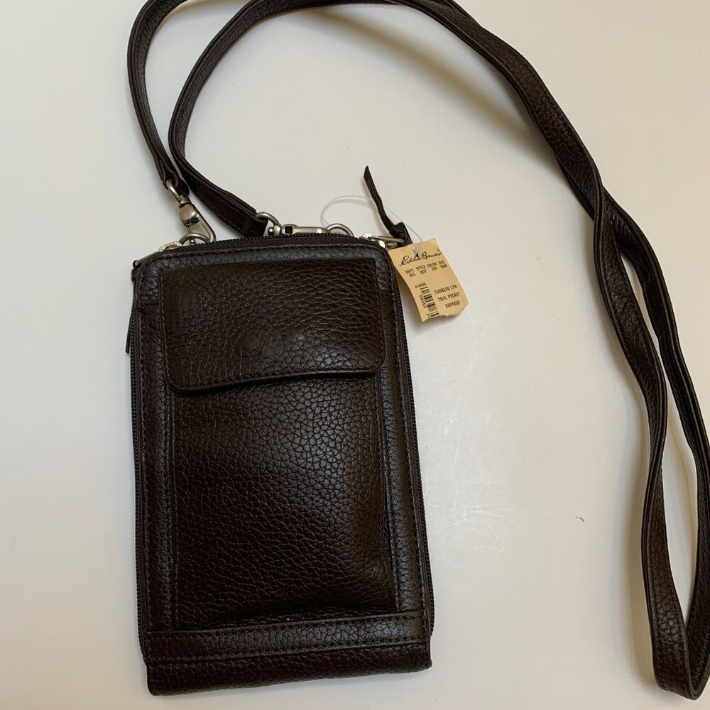 BNWT Eddie Bauer Brown Pebbled Leather Travel Wallet Crossbody Bag